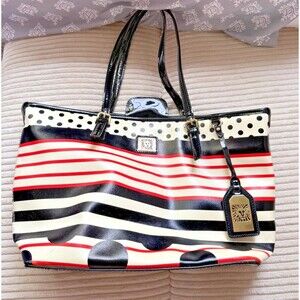 Anne Klein Handbag Purse Colorful Stripes Tote Red Black White Large Polka Dots